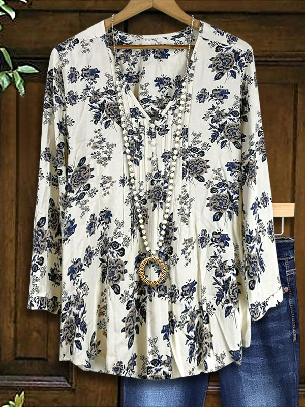 Vintage Floral Pleated Casual Blouse