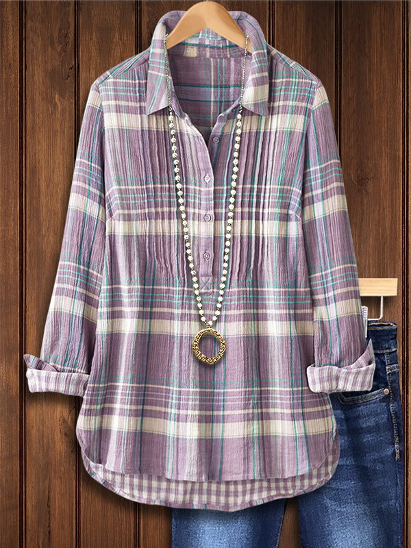 Plaid Print Pleated Casual Blouse