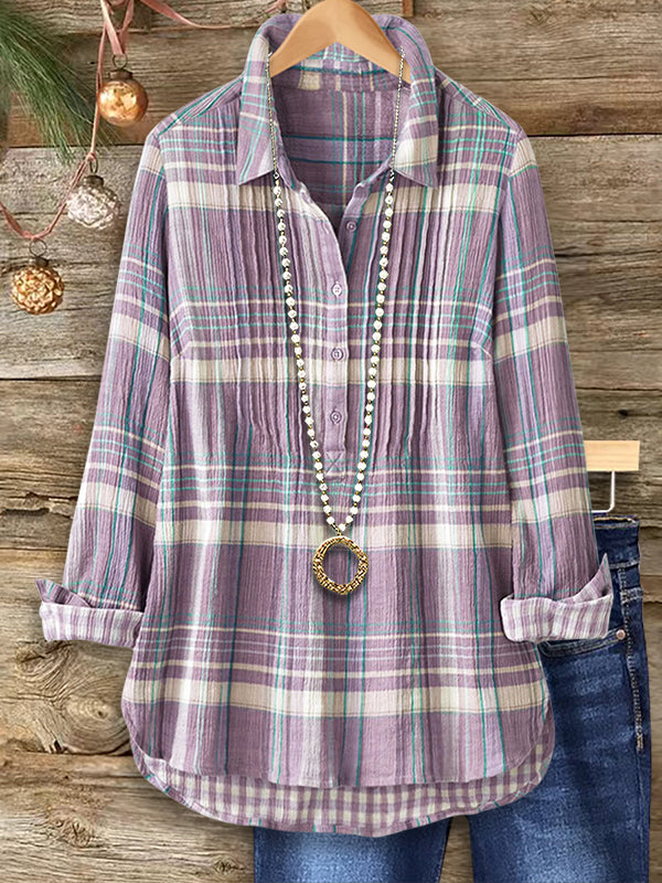 Plaid Print Pleated Casual Blouse