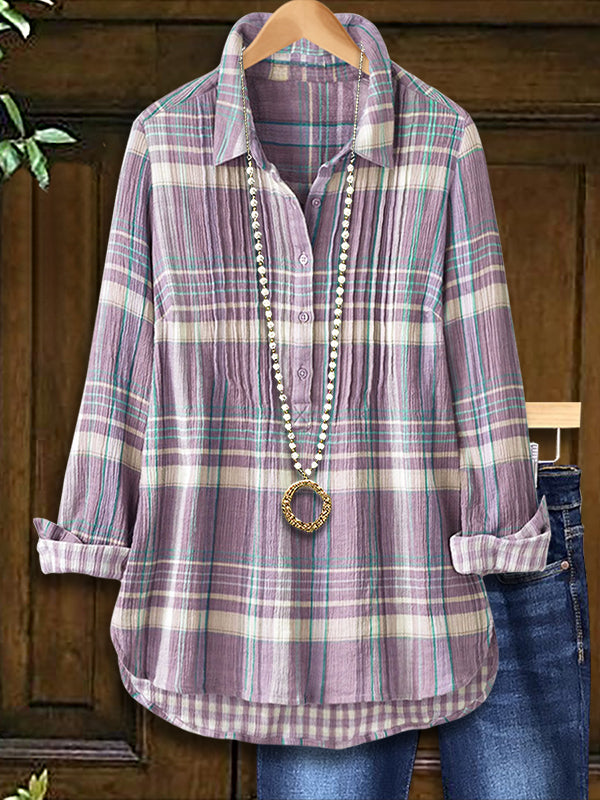 Plaid Print Pleated Casual Blouse