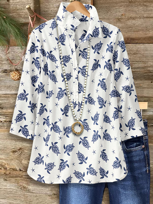 Blue And White Animal Print Casual Blouse