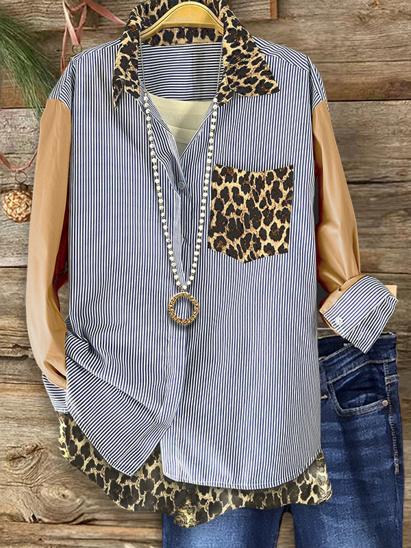 Striped Leopard Print Patchwork Fashion Blouse