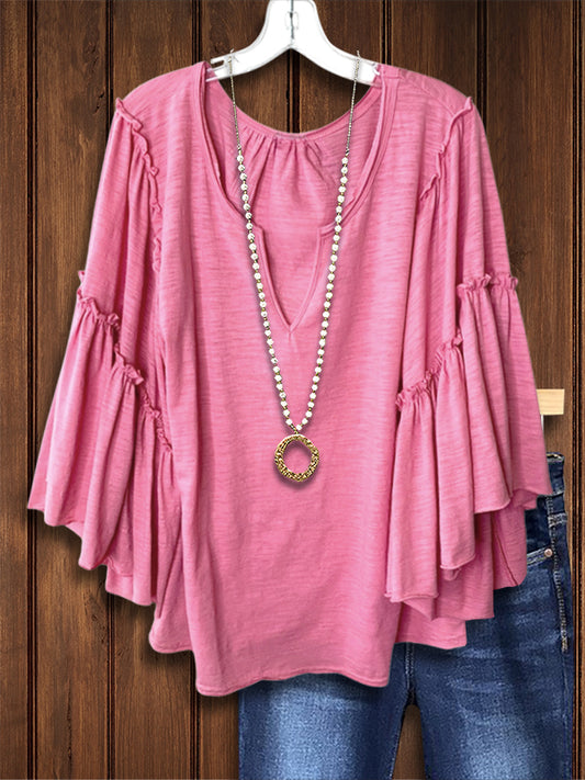 Solid Color Ruffled Casual Blouse