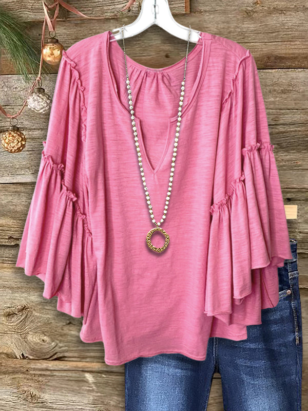 Solid Color Ruffled Casual Blouse