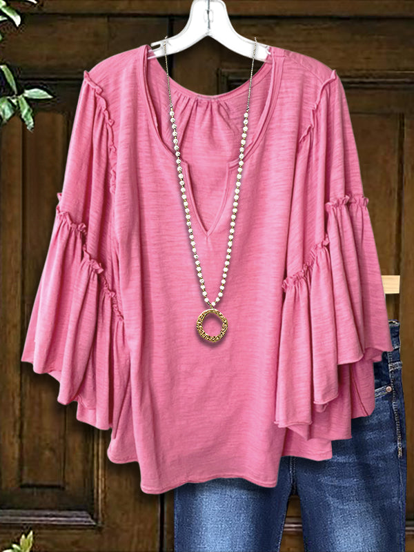 Solid Color Ruffled Casual Blouse