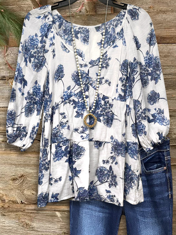 Vintage Floral Print Casual Blouse