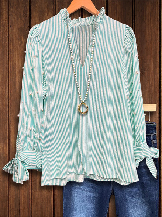 Striped Beaded Ruffle Fashion Blouse