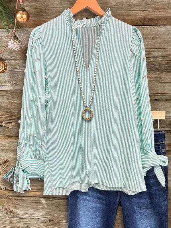 Striped Beaded Ruffle Fashion Blouse