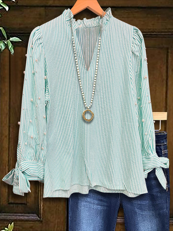 Striped Beaded Ruffle Fashion Blouse