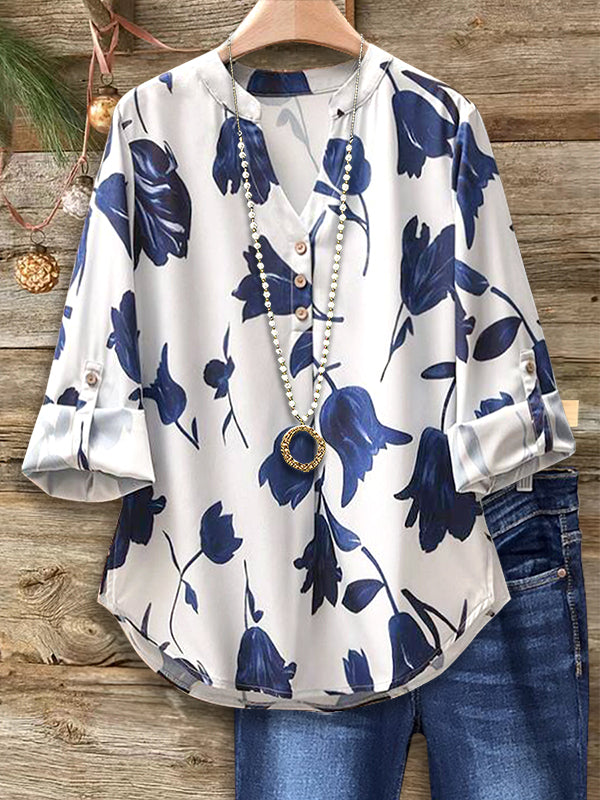 Blue And White Floral Fashion Blouse