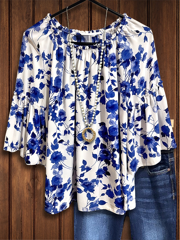 Blue And White Floral Ruffle Blouse