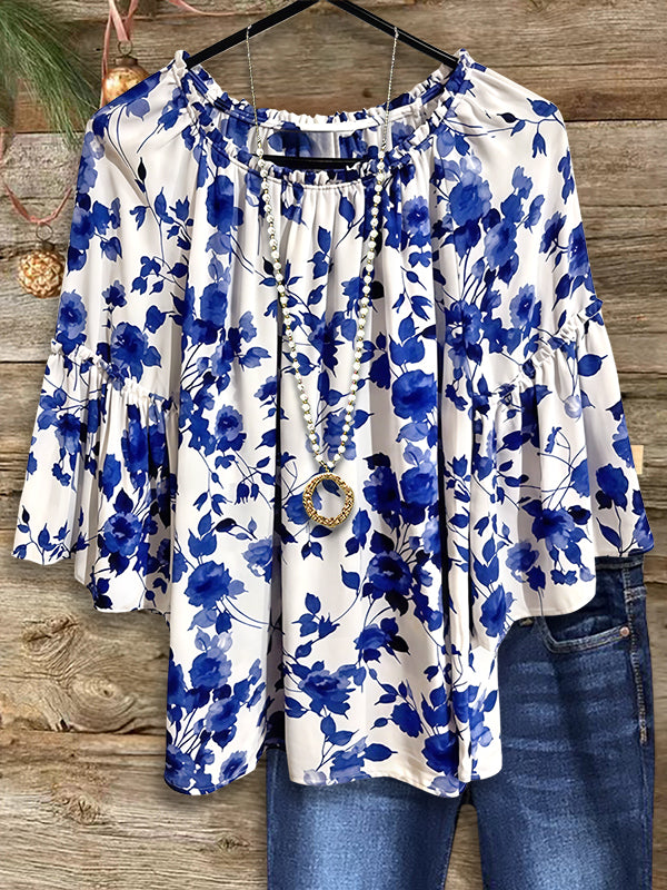 Blue And White Floral Ruffle Blouse