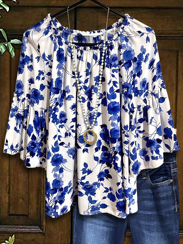 Blue And White Floral Ruffle Blouse