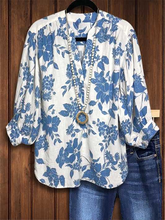 Retro Blue And White Floral Fashion Blouse