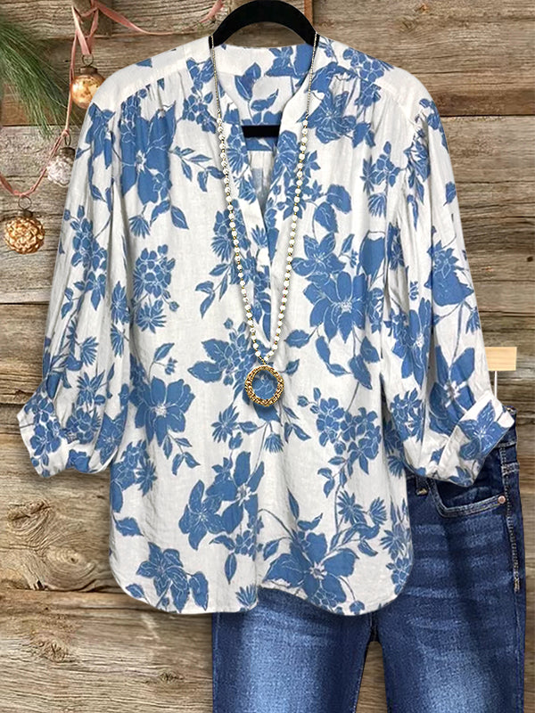 Retro Blue And White Floral Fashion Blouse