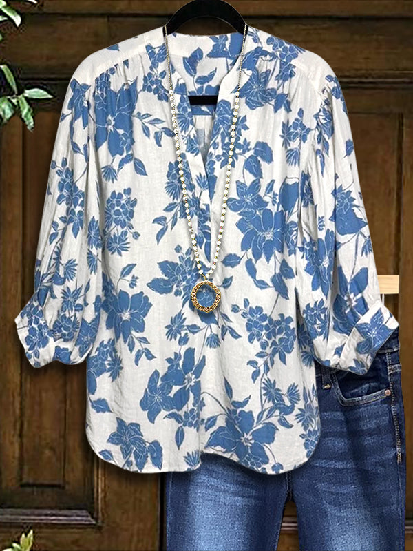 Retro Blue And White Floral Fashion Blouse