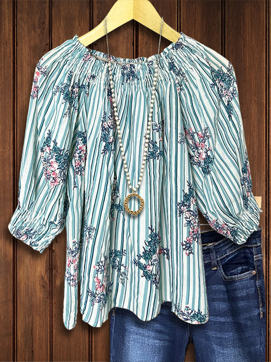 Striped Natural Floral Casual Blouse