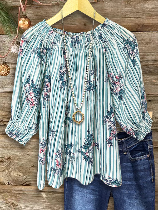 Striped Natural Floral Casual Blouse