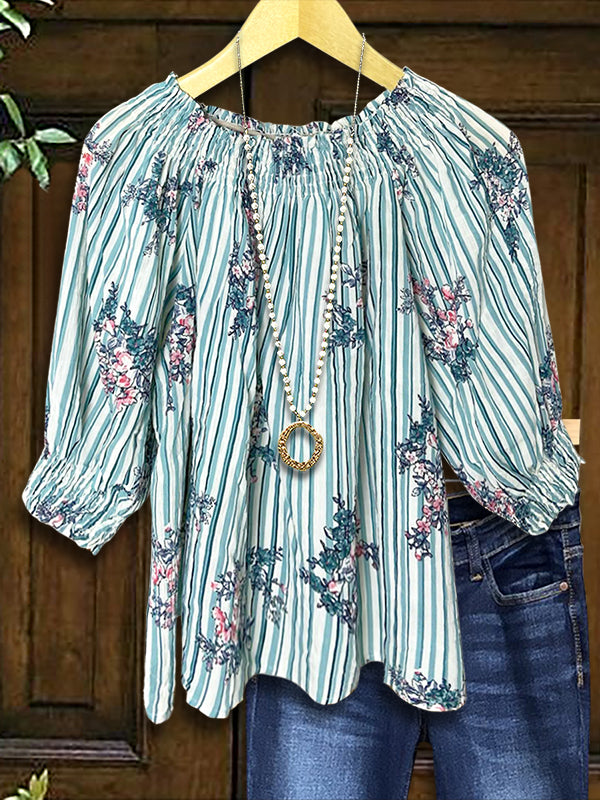 Striped Natural Floral Casual Blouse