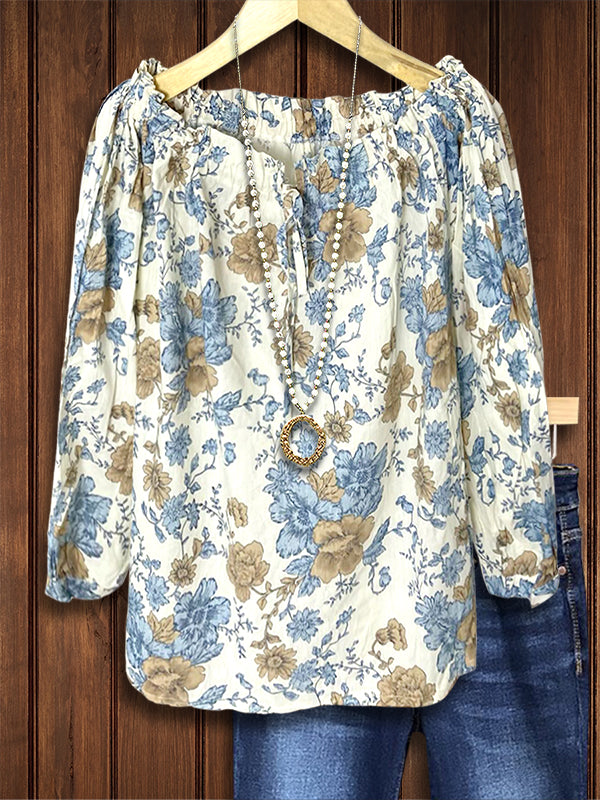 Vintage Floral Print Lace-Up Blouse