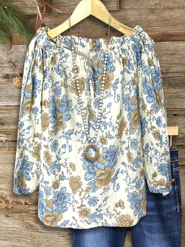 Vintage Floral Print Lace-Up Blouse