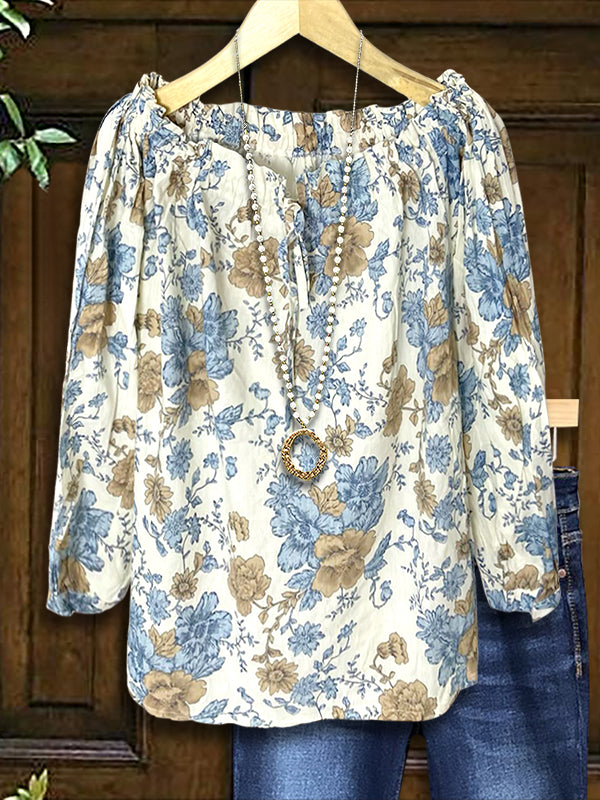 Vintage Floral Print Lace-Up Blouse