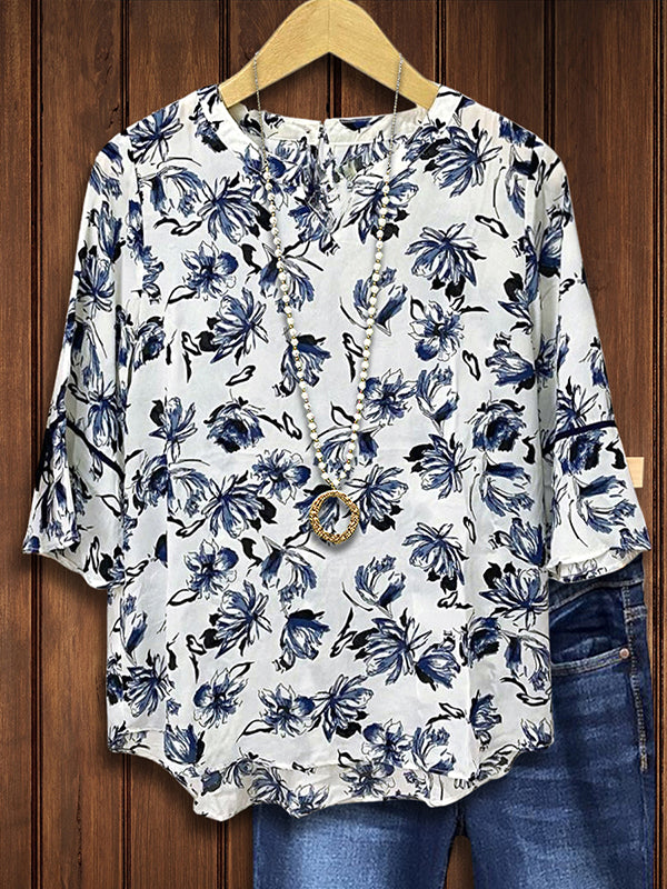 Artistic Blue And White Floral Ruffled Blouse