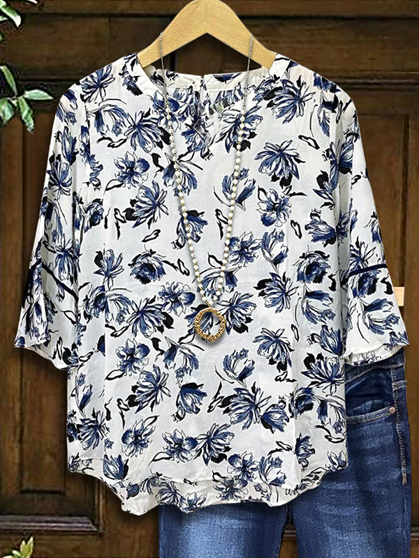 Artistic Blue And White Floral Ruffled Blouse