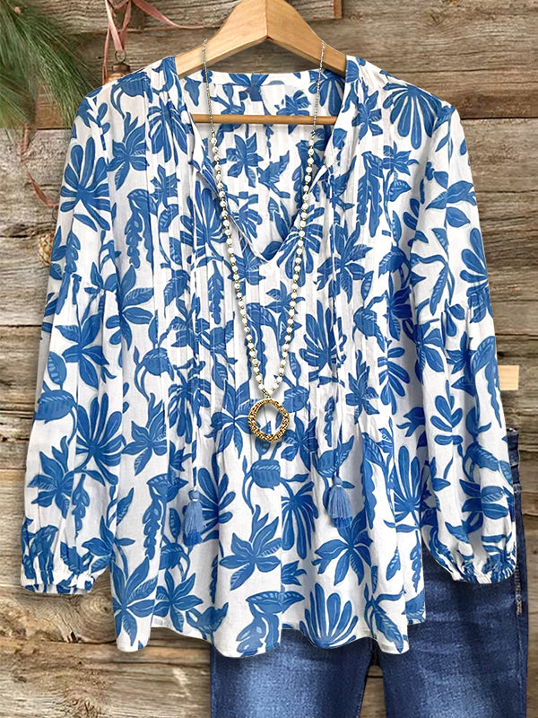 Vintage Leaf Print Fringed Blouse