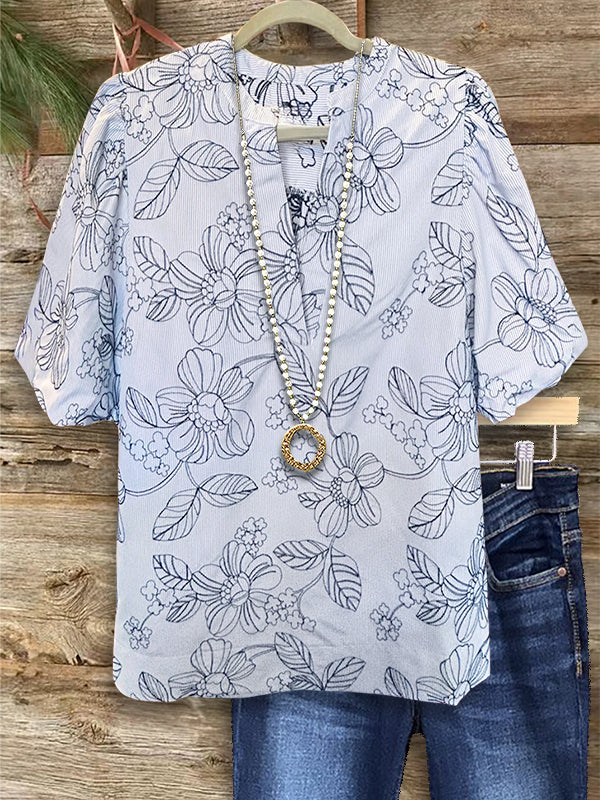 Line Floral Print Puff Sleeve Blouse