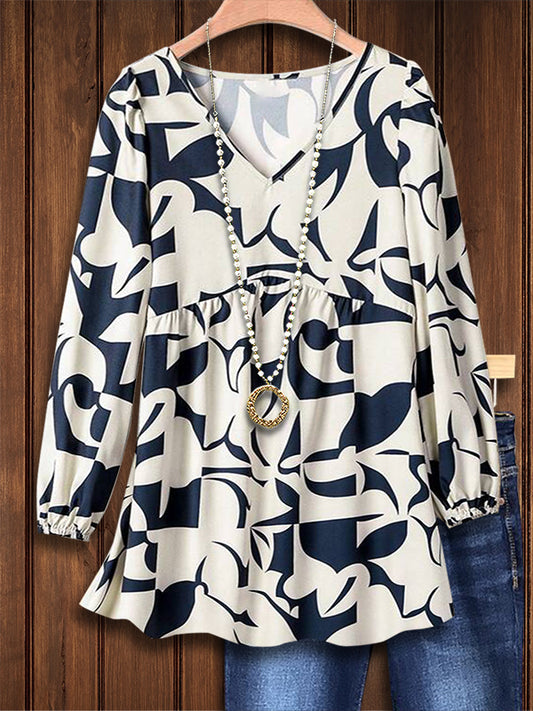 Abstract Color Block Print Casual Blouse