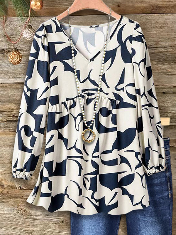 Abstract Color Block Print Casual Blouse