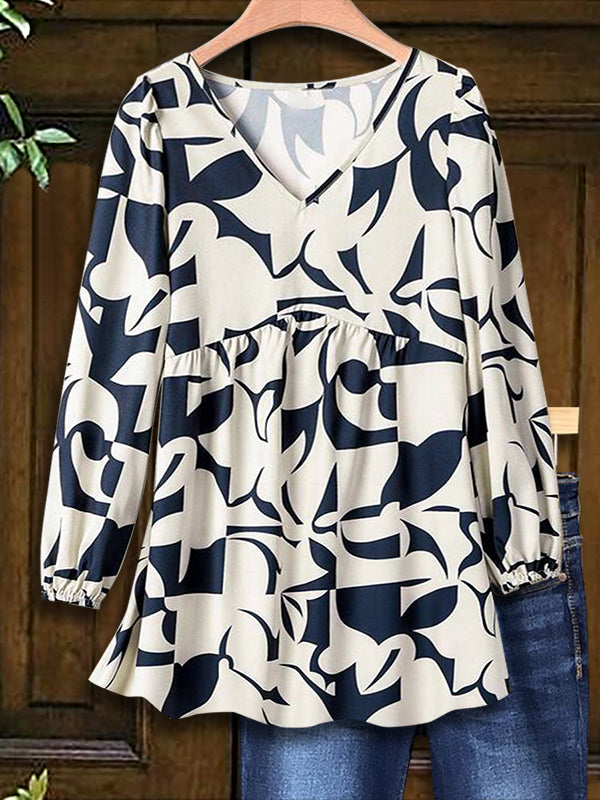 Abstract Color Block Print Casual Blouse