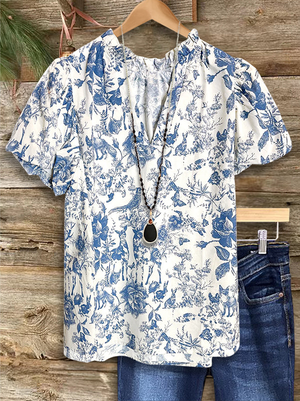 Vintage Blue And White Floral Print Casual Blouse