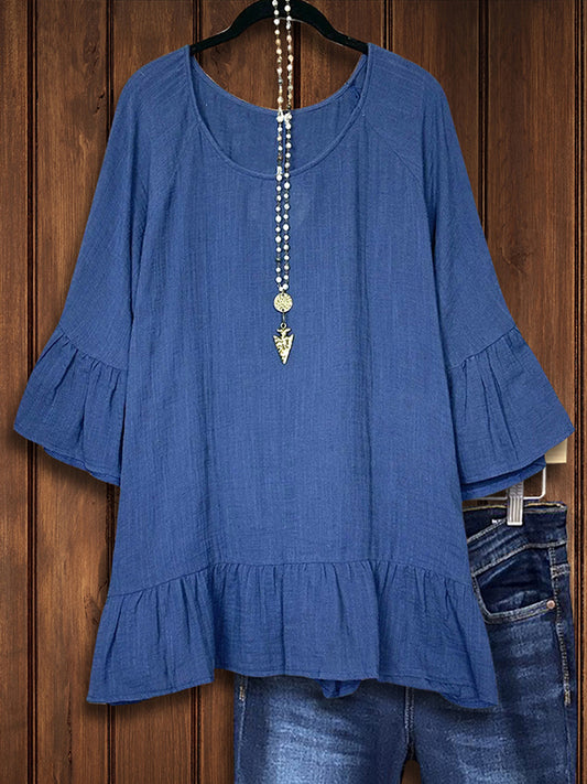 Solid Color Ruffled Casual Blouse