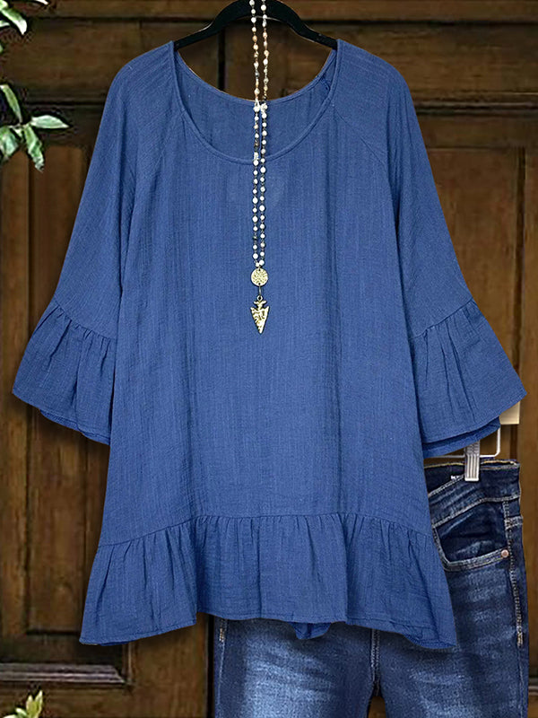 Solid Color Ruffled Casual Blouse