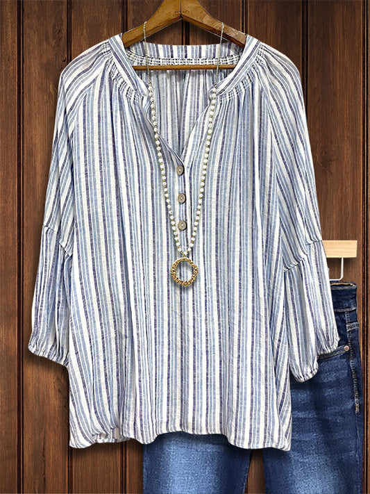 Classic Striped Print Puff Sleeve Blouse