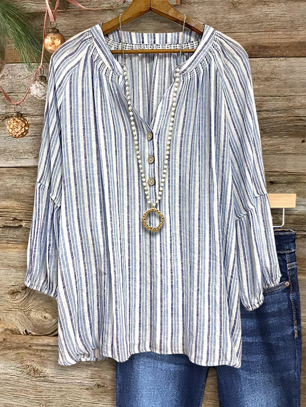 Classic Striped Print Puff Sleeve Blouse