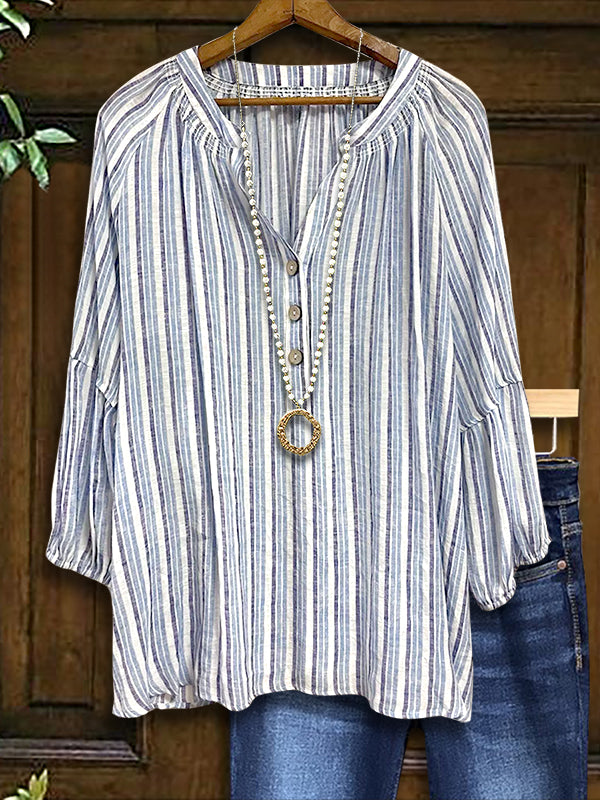 Classic Striped Print Puff Sleeve Blouse