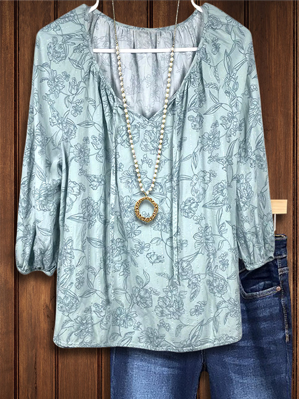 Line Floral Print Casual Blouse