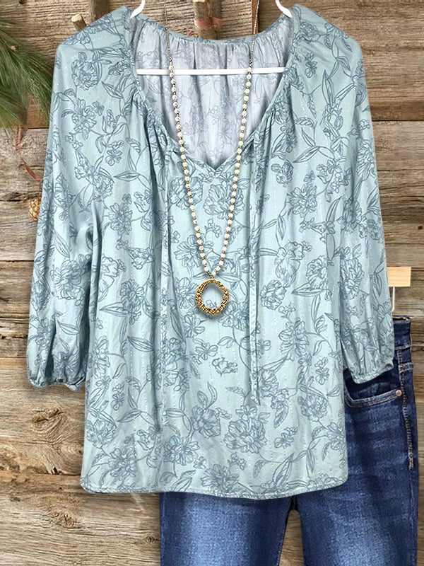 Line Floral Print Casual Blouse