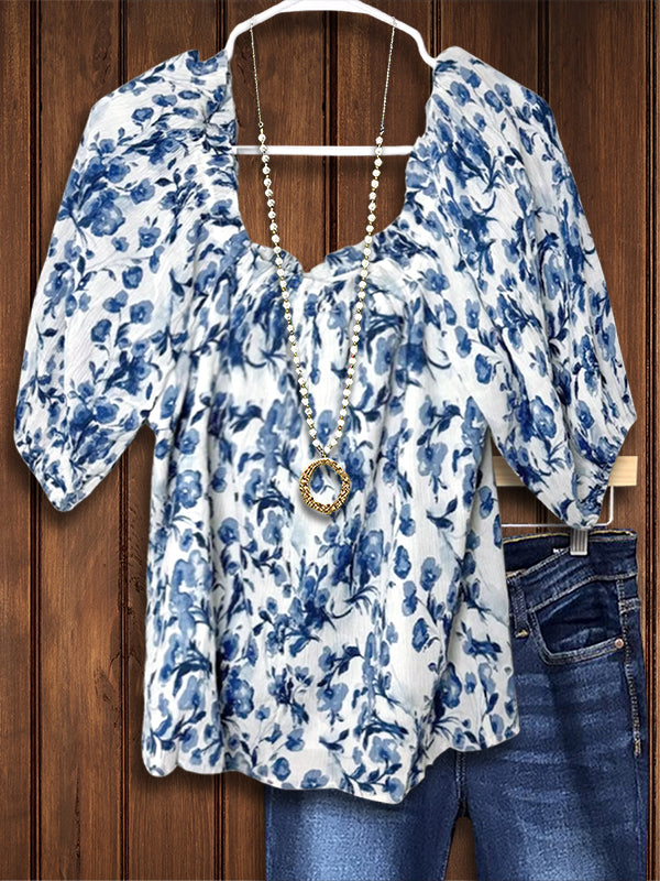 Classic Blue And White Floral Casual Blouse