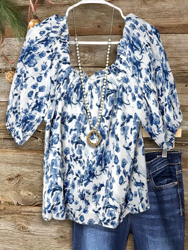 Classic Blue And White Floral Casual Blouse