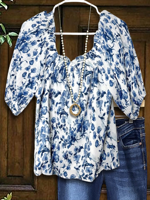 Classic Blue And White Floral Casual Blouse