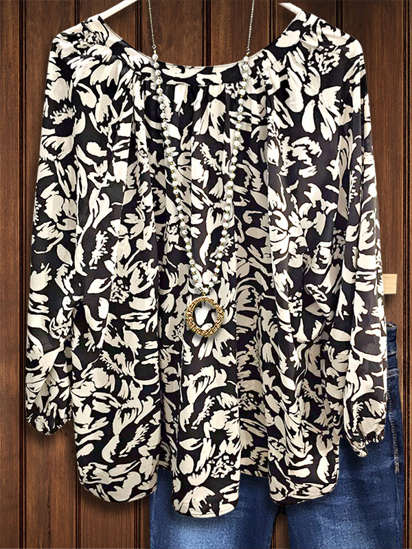 Black And White Floral Print Casual Blouse