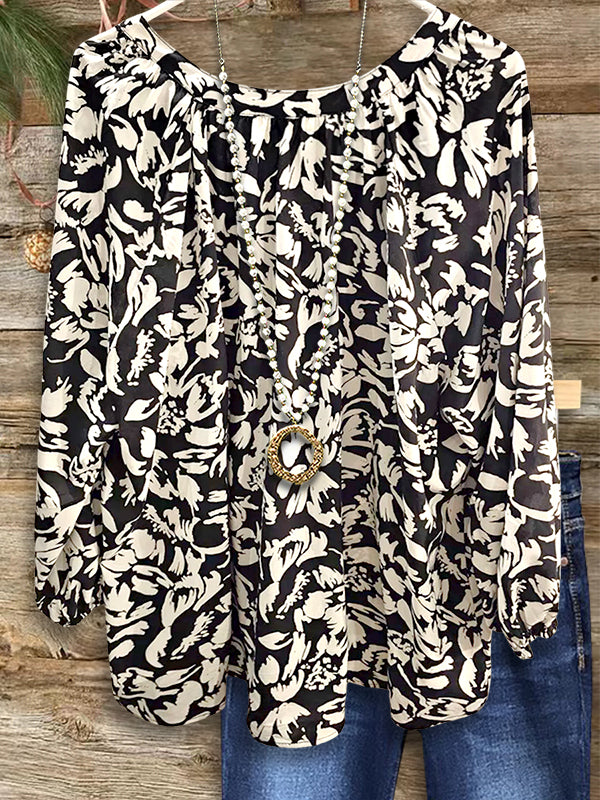 Black And White Floral Print Casual Blouse