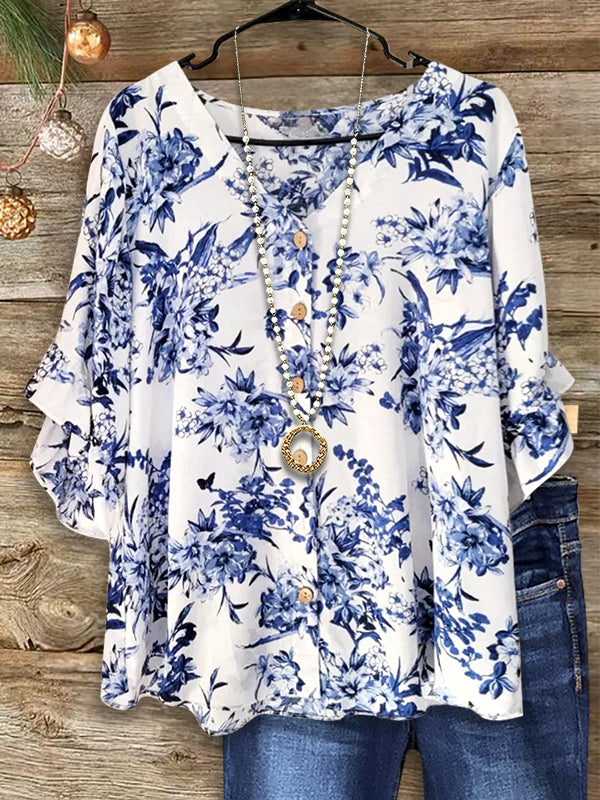 Vintage Blue and White Floral Ruffle Blouse