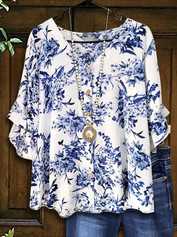 Vintage Blue and White Floral Ruffle Blouse