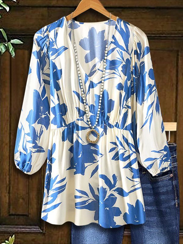 Silhouette Blue Floral Shirred Elegant Blouse