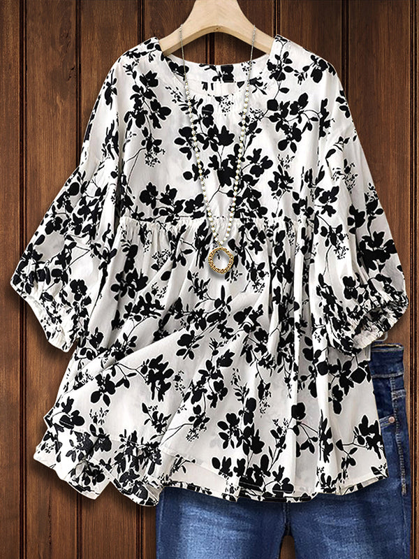 Black and White Floral Versatile Casual Blouse